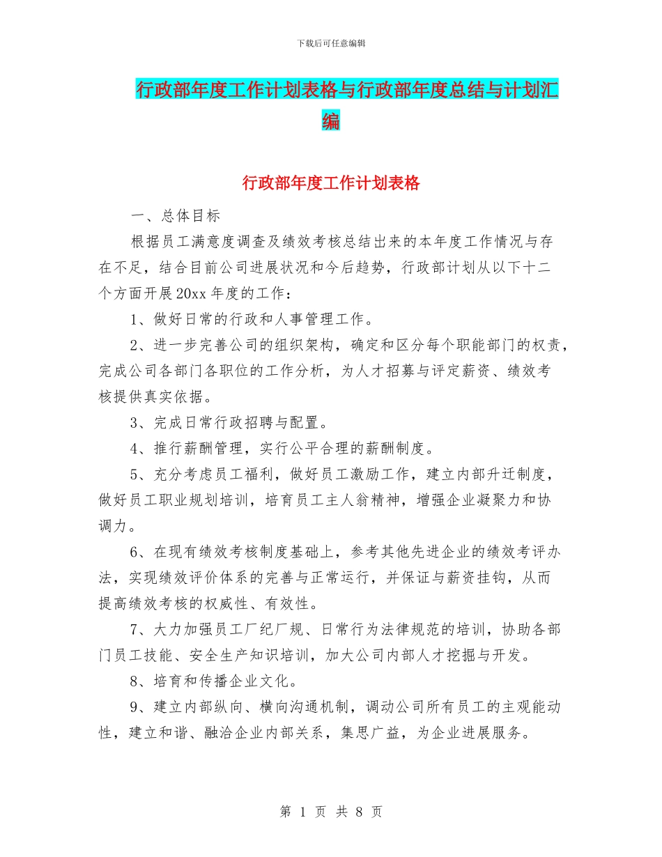 行政部年度工作计划表格与行政部年度总结与计划汇编_第1页