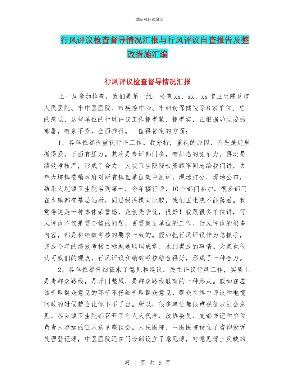 行风评议检查督导情况汇报与行风评议自查报告及整改措施汇编_第1页
