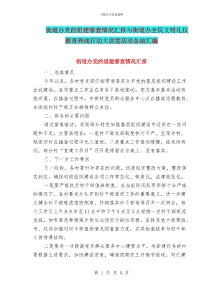 街道办党的组建督查情况汇报与街道办全民文明礼仪教育养成行动大讲堂活动总结汇编