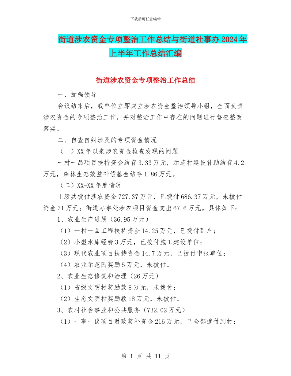 街道涉农资金专项整治工作总结与街道社事办2024年上半年工作总结汇编_第1页