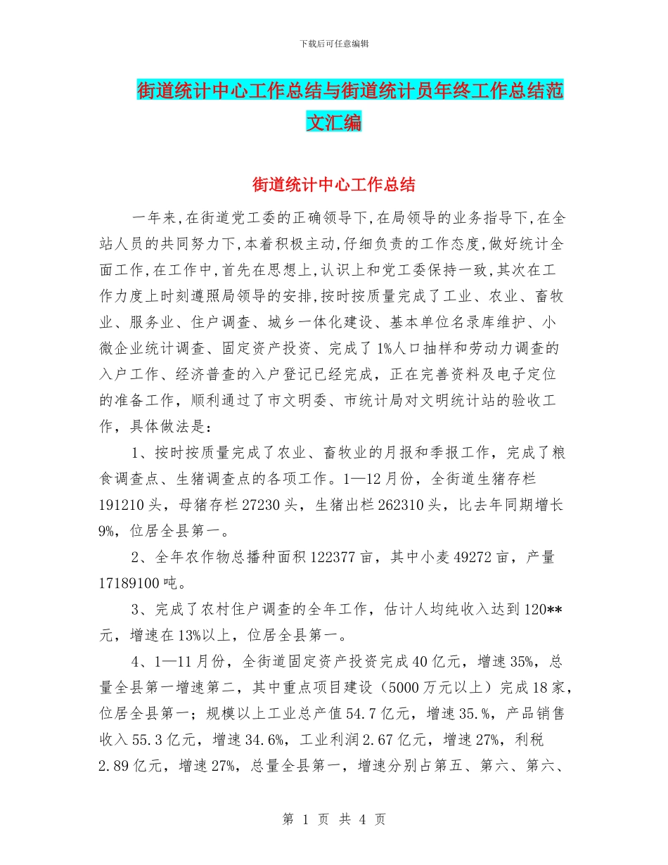 街道统计中心工作总结与街道统计员年终工作总结范文汇编_第1页