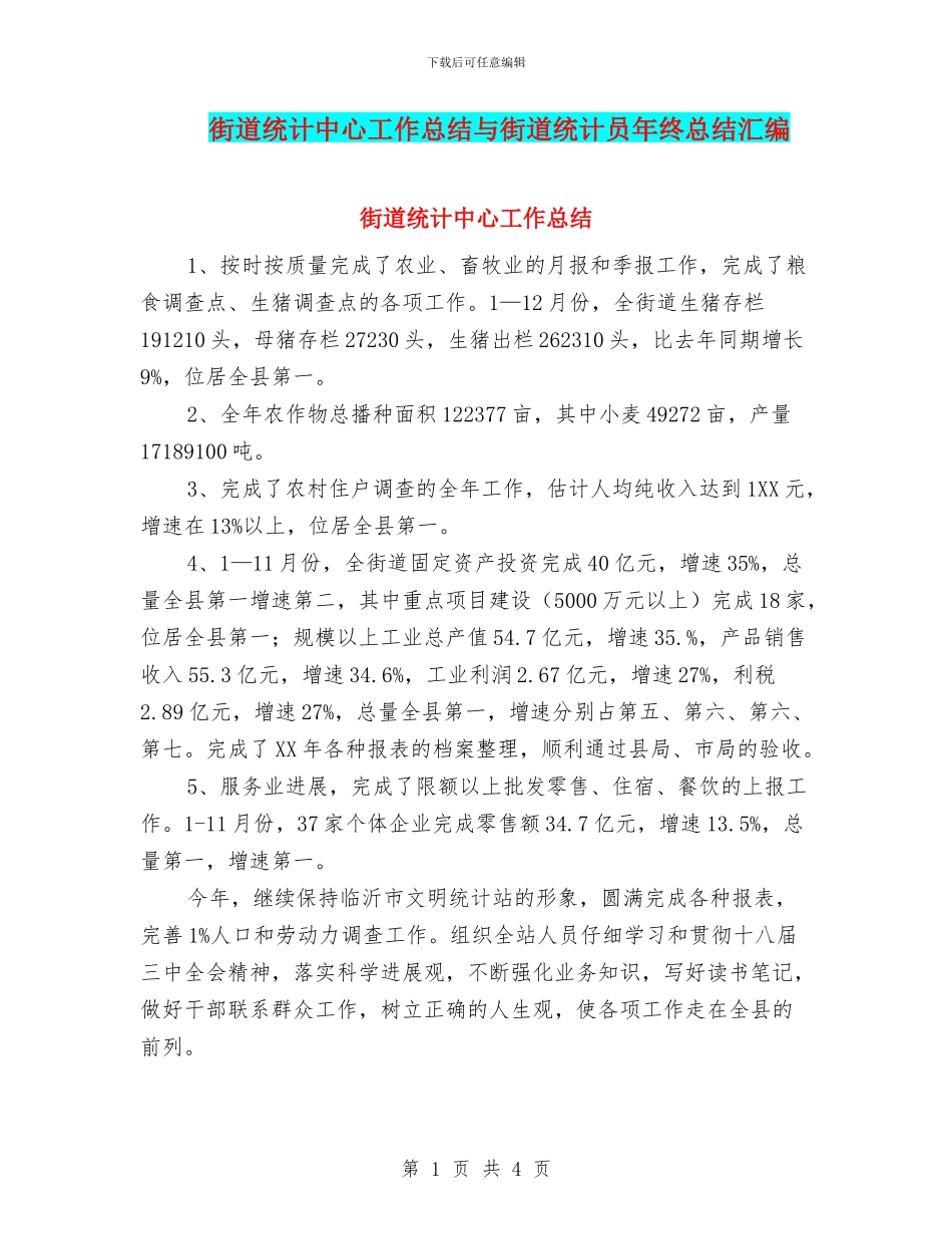 街道统计中心工作总结与街道统计员年终总结汇编_第1页