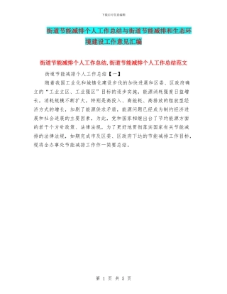 街道节能减排个人工作总结与街道节能减排和生态环境建设工作意见汇编