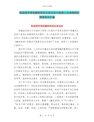 街道领导贯彻廉政准则自查总结与街镇工业发展现状调查报告汇编
