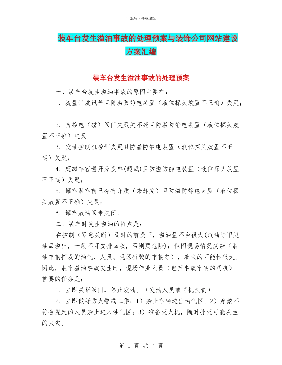 装车台发生溢油事故的处理预案与装饰公司网站建设方案汇编_第1页