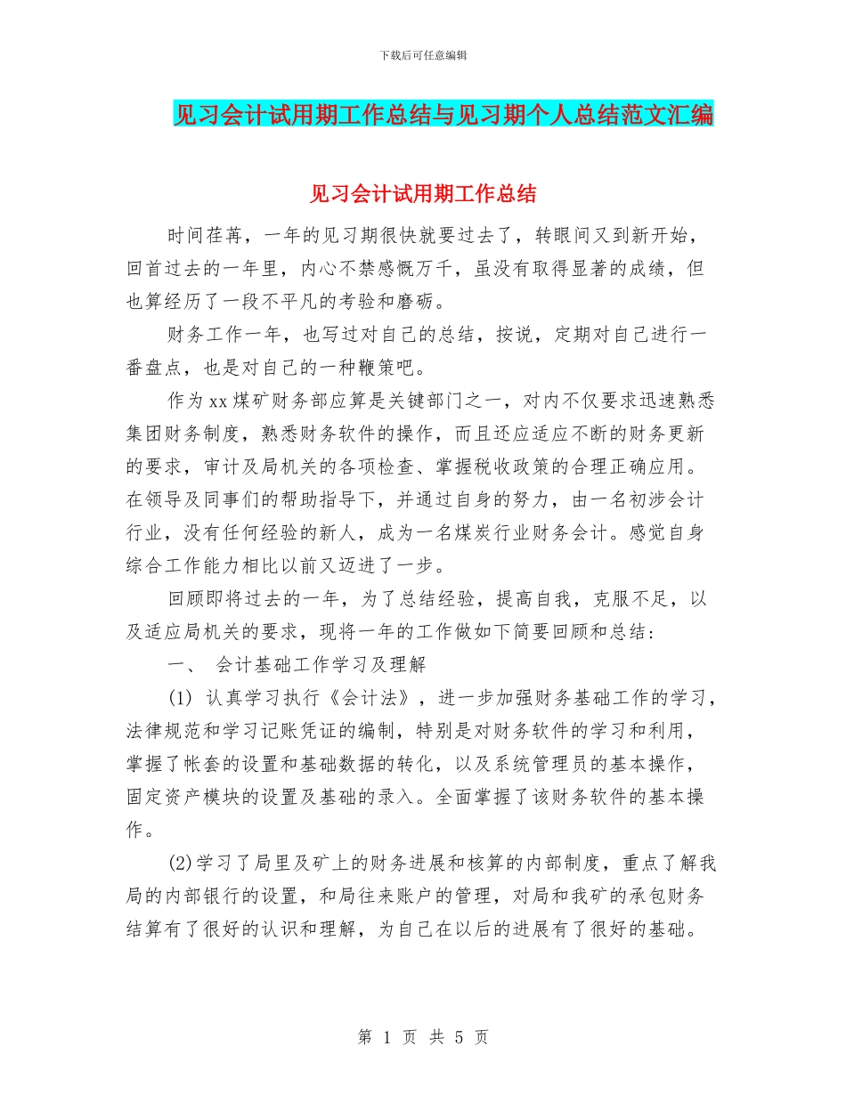 见习会计试用期工作总结与见习期个人总结范文汇编_第1页