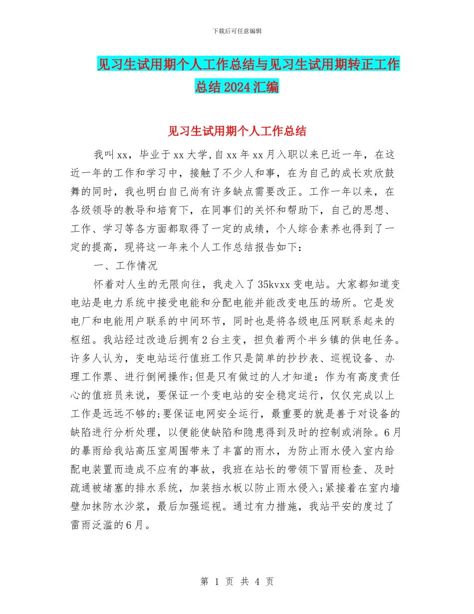 见习生试用期个人工作总结与见习生试用期转正工作总结2024汇编_第1页