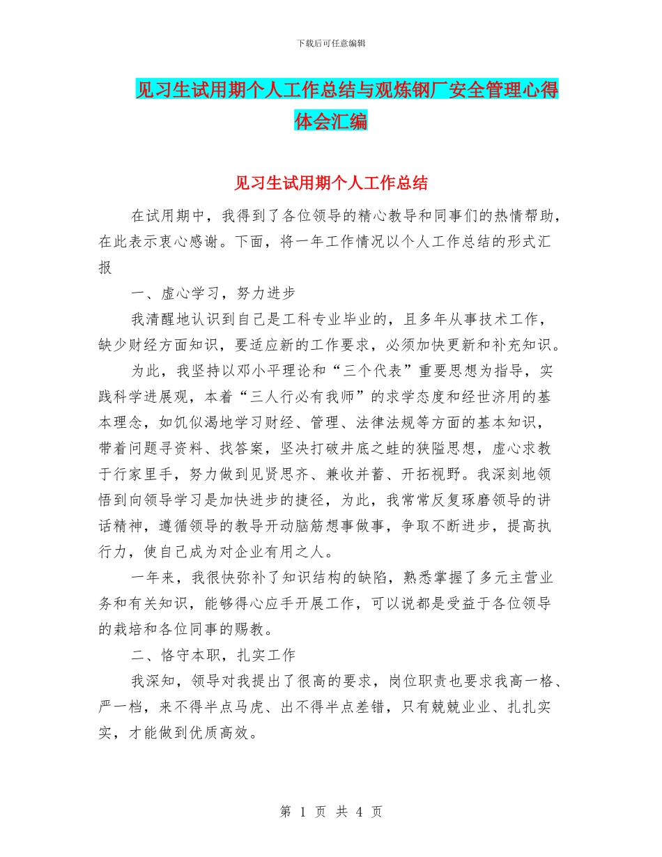 见习生试用期个人工作总结与观炼钢厂安全管理心得体会汇编_第1页