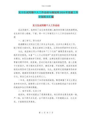 见习生试用期个人工作总结与规划局2024年党建工作计划范文汇编