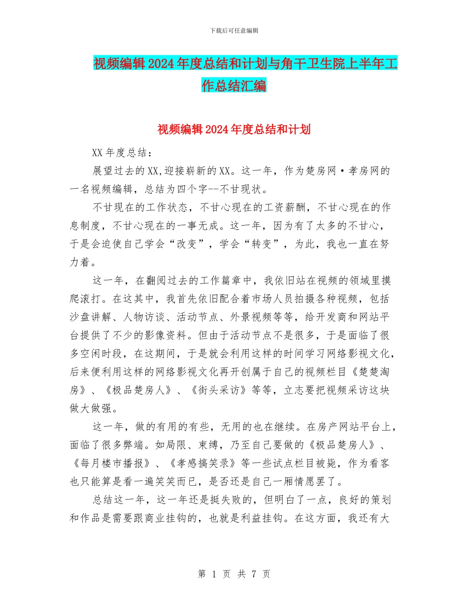 视频编辑2024年度总结和计划与角干卫生院上半年工作总结汇编_第1页