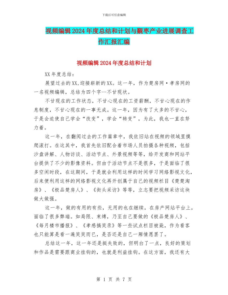 视频编辑2024年度总结和计划与觐枣产业发展调查工作汇报汇编_第1页