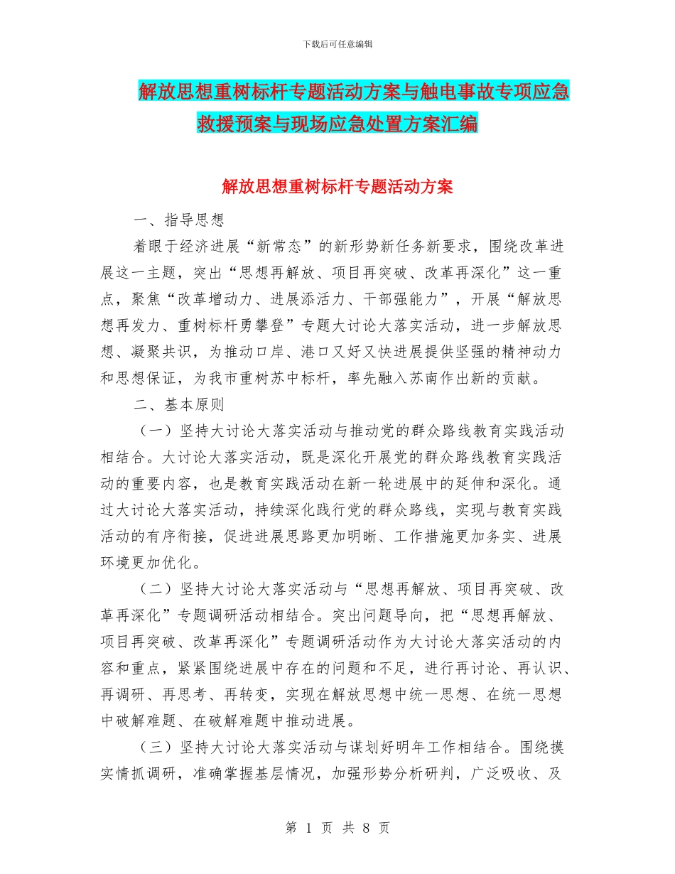 解放思想重树标杆专题活动方案与触电事故专项应急救援预案与现场应急处置方案汇编_第1页
