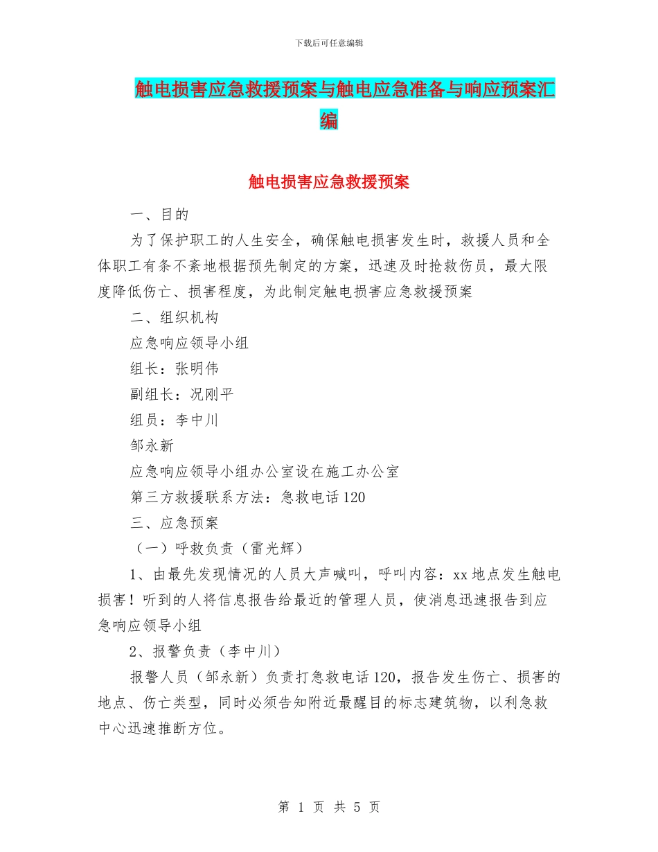 触电伤害应急救援预案与触电应急准备与响应预案汇编_第1页
