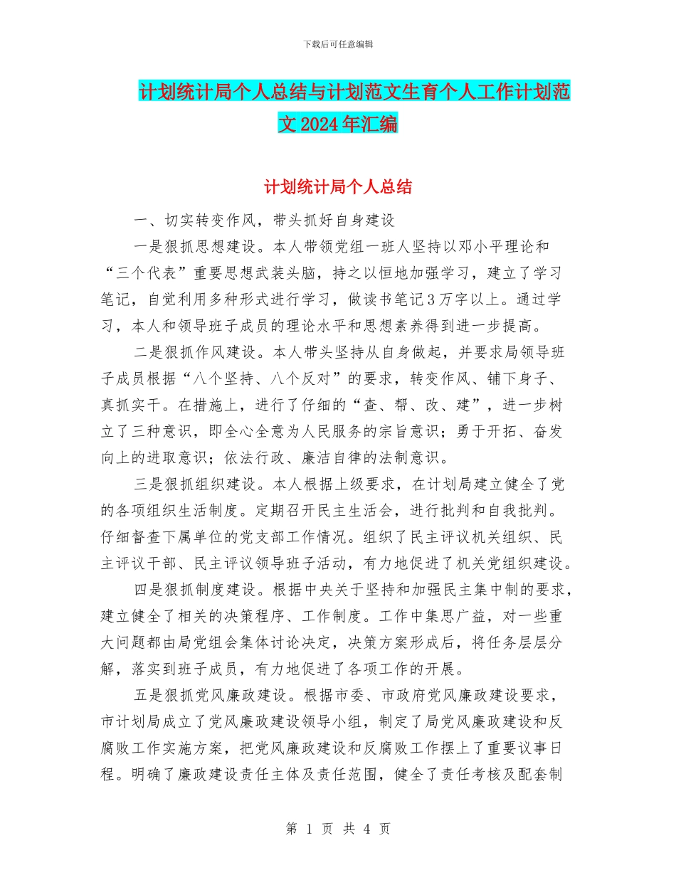 计划统计局个人总结与计划范文生育个人工作计划范文2024年汇编_第1页