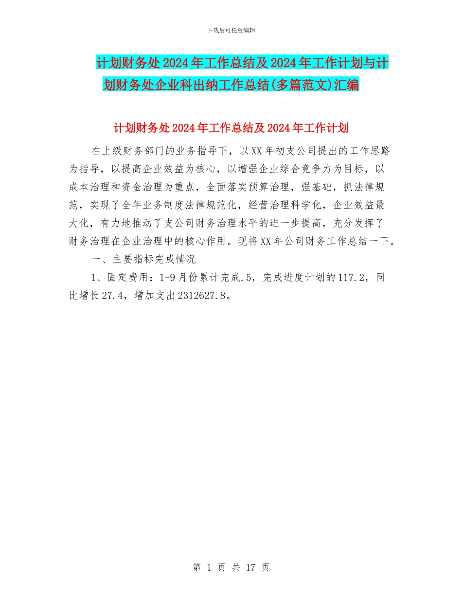 计划财务处2024年工作总结及2024年工作计划与计划财务处企业科出纳工作总结汇编_第1页