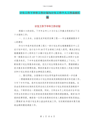 计生工作下半年工作计划与计生工作个人工作总结汇编