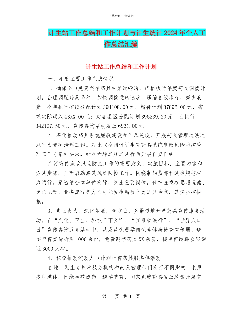 计生站工作总结和工作计划与计生统计2024年个人工作总结汇编_第1页