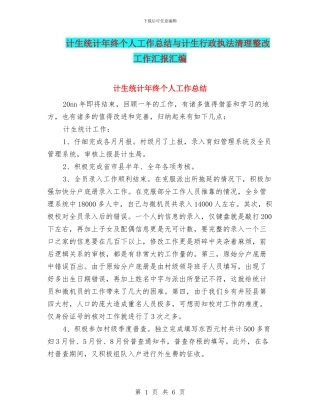 计生统计年终个人工作总结与计生行政执法清理整改工作汇报汇编