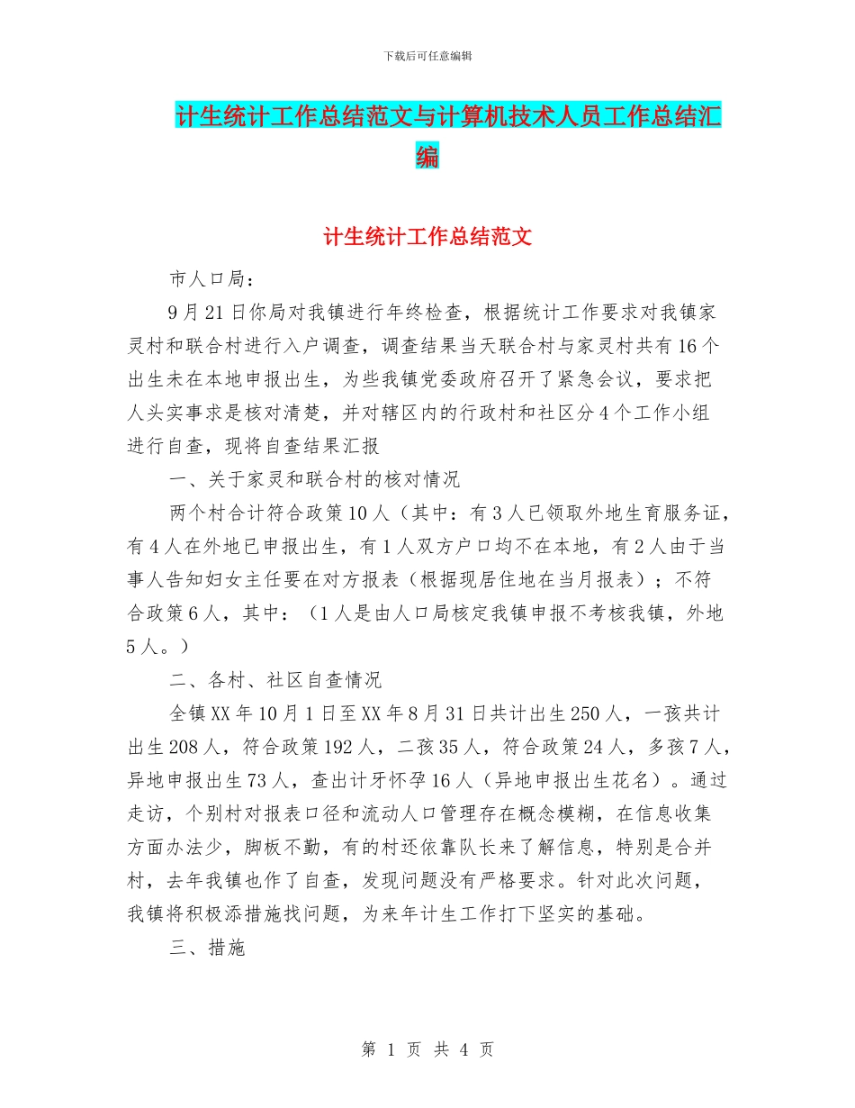 计生统计工作总结范文与计算机技术人员工作总结汇编_第1页