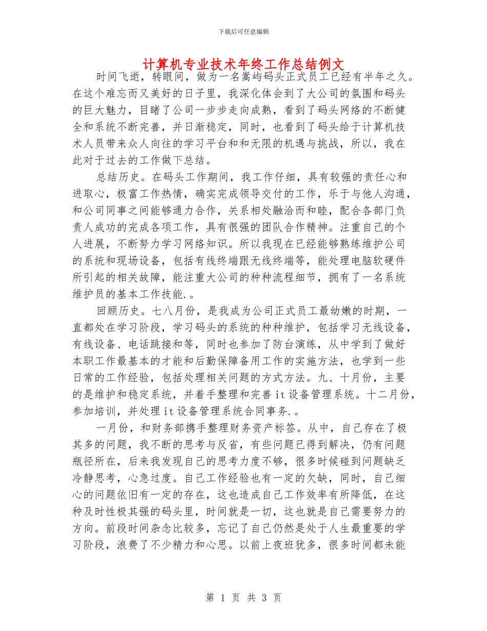 计算机专业技术年终工作总结例文_第1页
