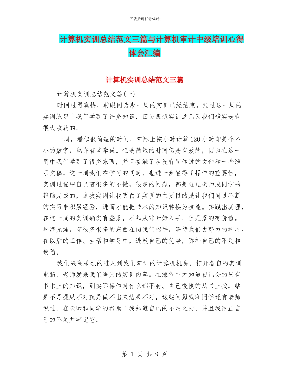 计算机实训总结范文三篇与计算机审计中级培训心得体会汇编_第1页