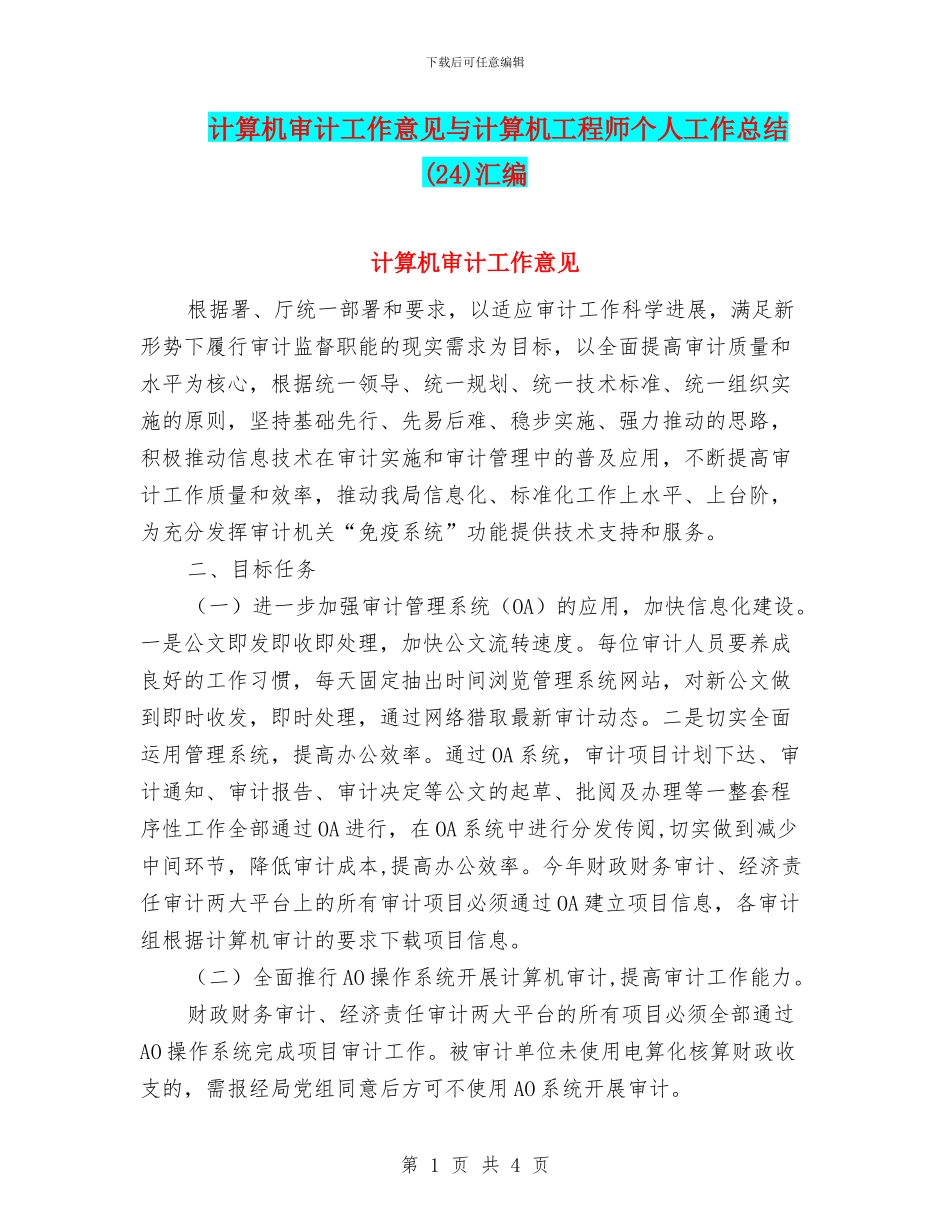 计算机审计工作意见与计算机工程师个人工作总结汇编.doc_第1页