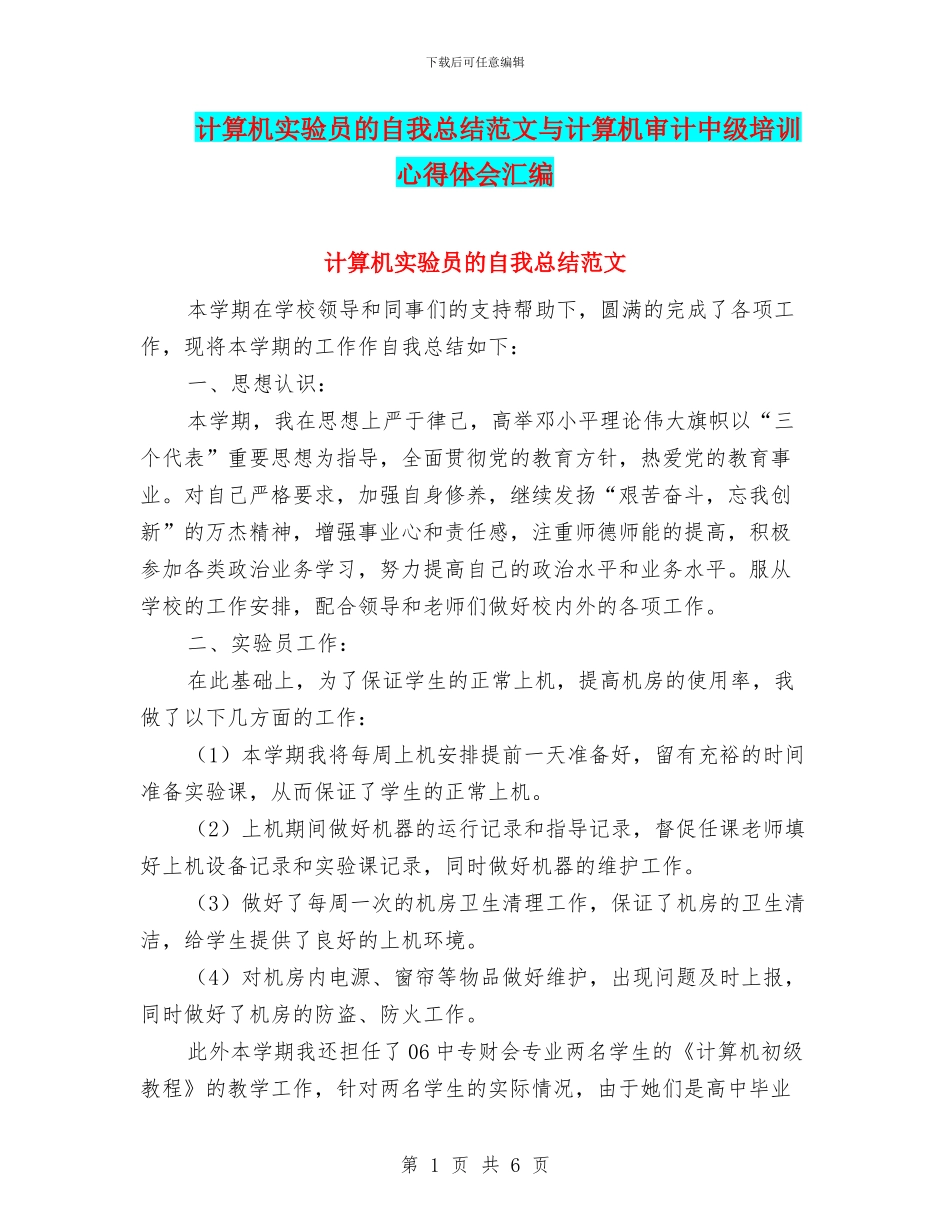 计算机实验员的自我总结范文与计算机审计中级培训心得体会汇编_第1页