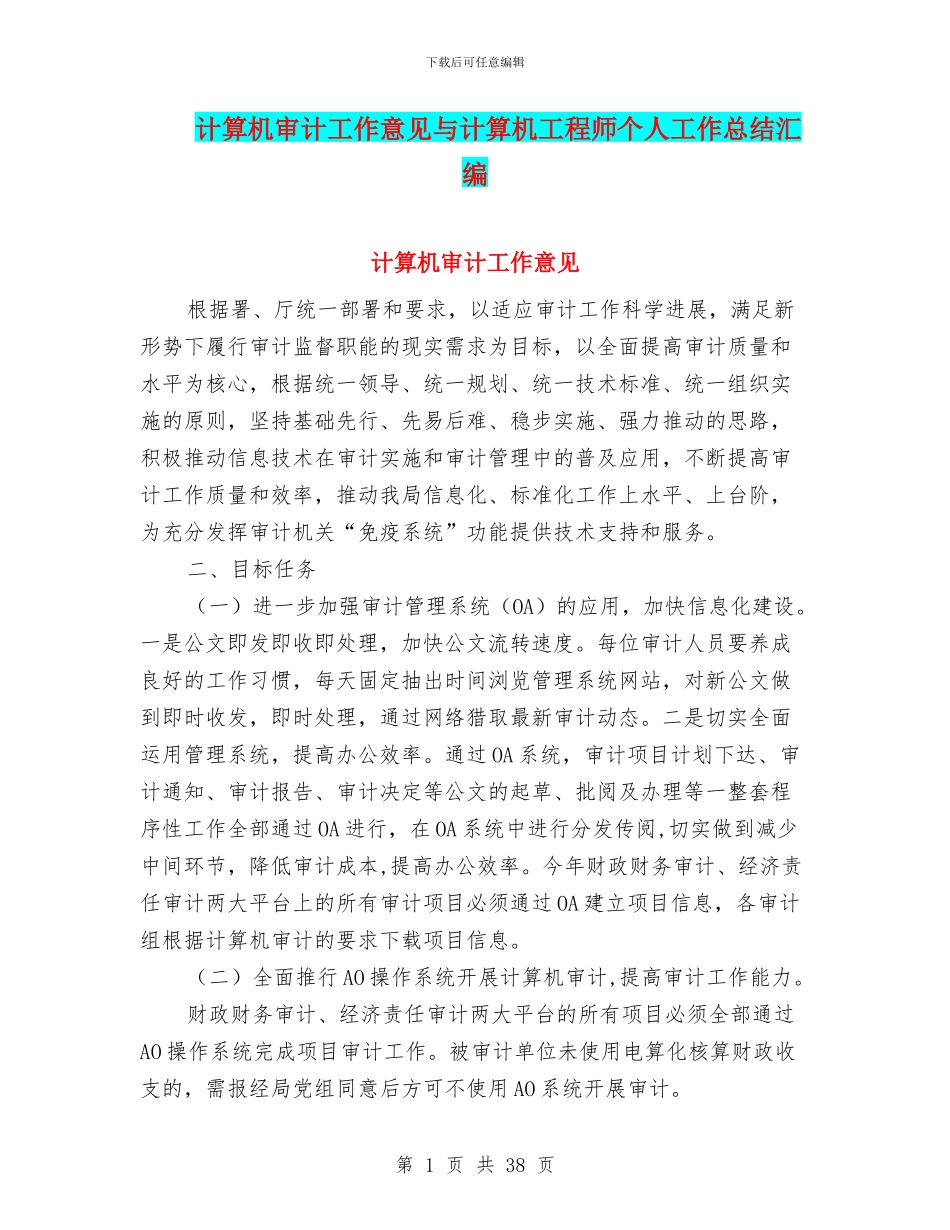 计算机审计工作意见与计算机工程师个人工作总结汇编_第1页