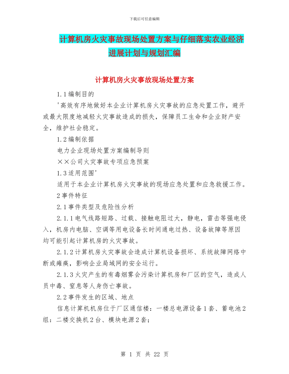 计算机房火灾事故现场处置方案与认真落实农业经济发展计划与规划汇编_第1页