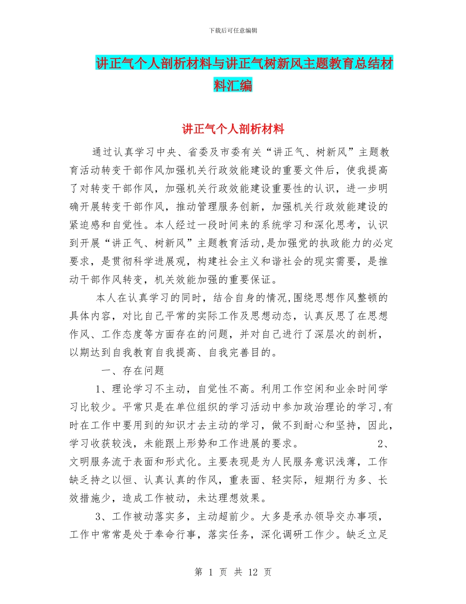 讲正气个人剖析材料与讲正气树新风主题教育总结材料汇编_第1页