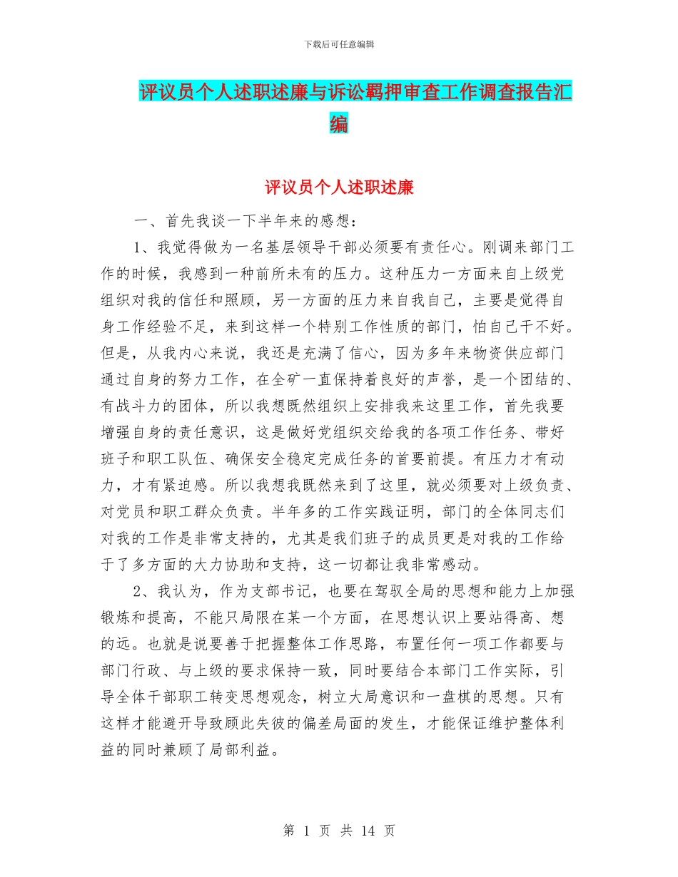 评议员个人述职述廉与诉讼羁押审查工作调查报告汇编_第1页
