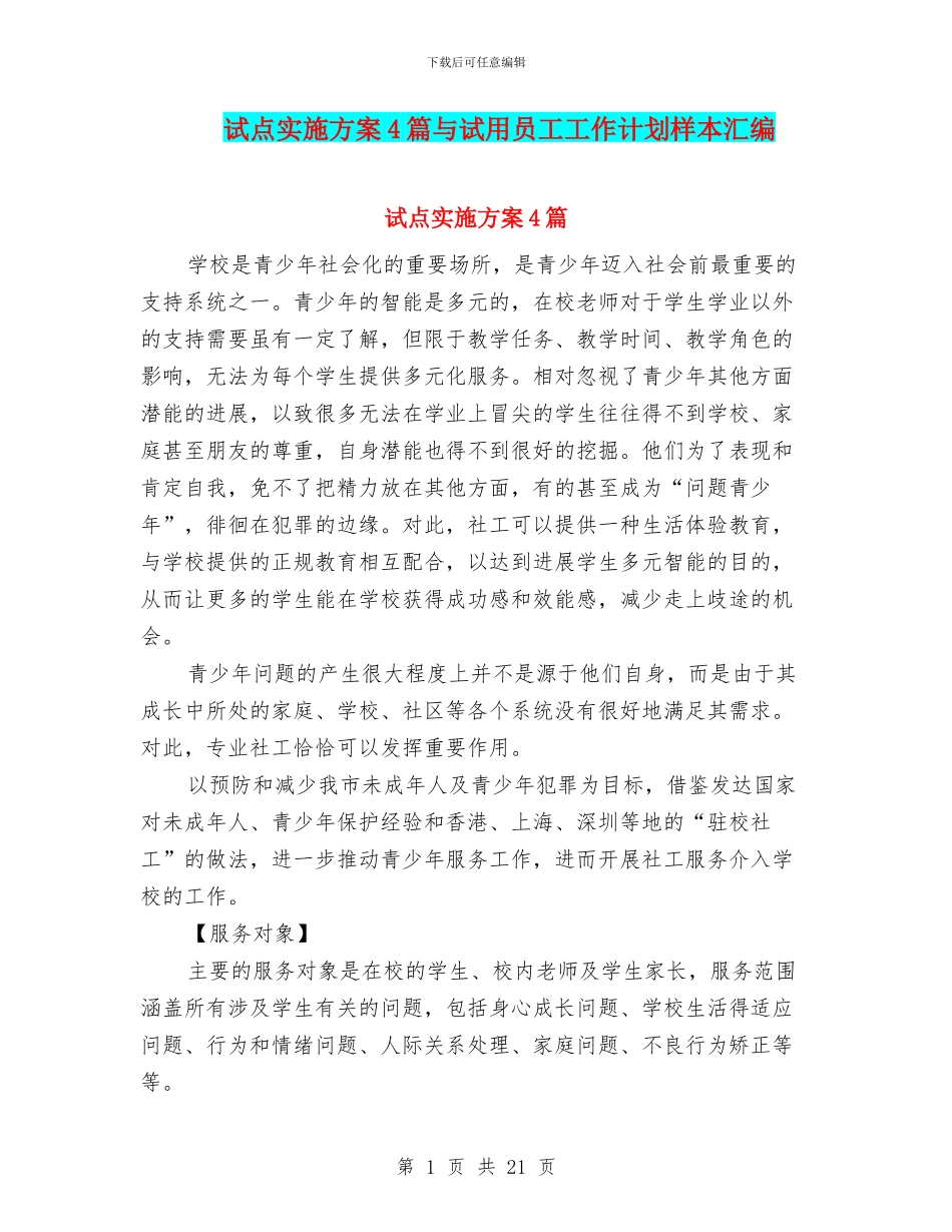 试点实施方案4篇与试用员工工作计划样本汇编_第1页