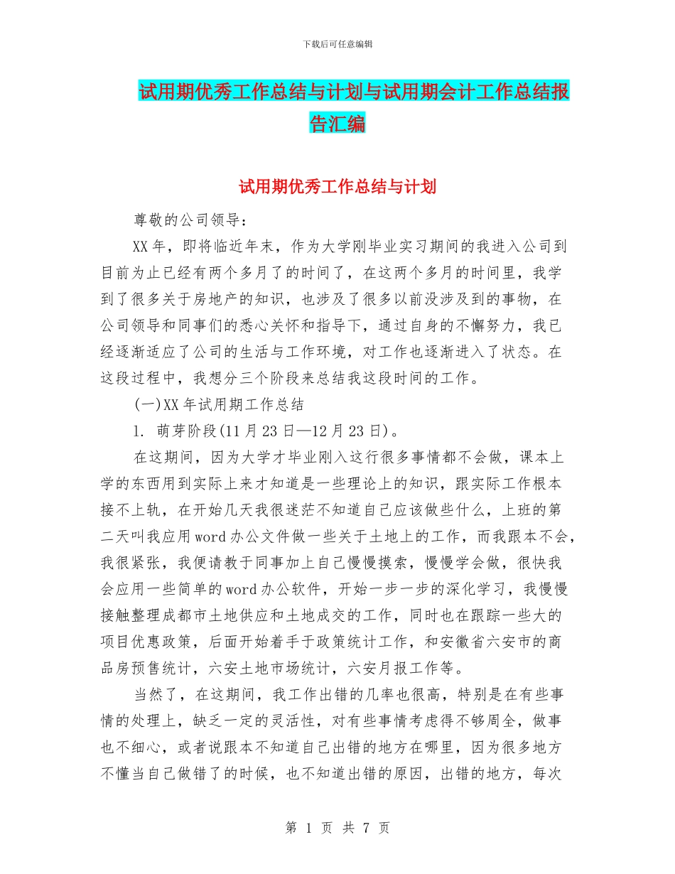 试用期优秀工作总结与计划与试用期会计工作总结报告汇编_第1页