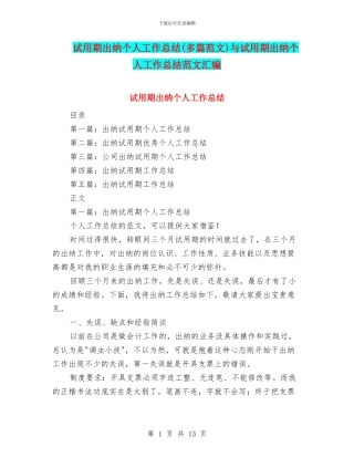 试用期出纳个人工作总结与试用期出纳个人工作总结范文汇编