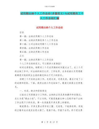 试用期出纳个人工作总结与试用期员工个人工作总结汇编
