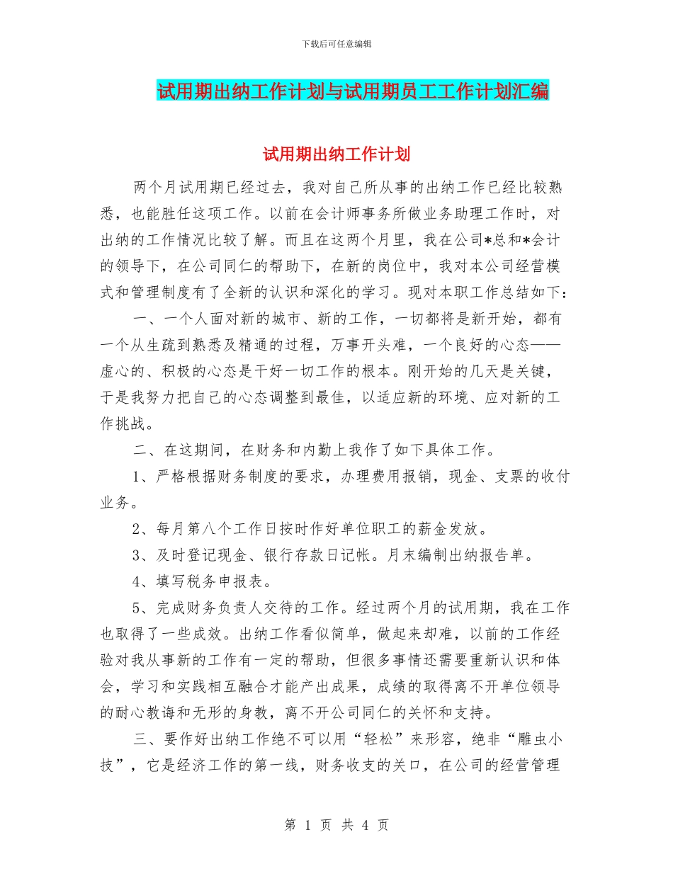 试用期出纳工作计划与试用期员工工作计划汇编_第1页