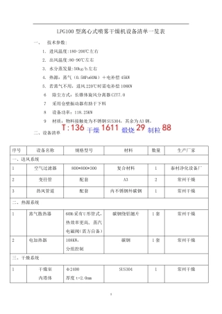 LPG100型离心式喷雾干燥机设备清单一览表   蒸汽电-