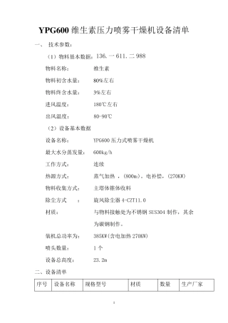 YPG600维生素压力喷雾干燥机设备清单