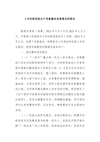 X市妇联党组关于巡察整改进展情况的报告