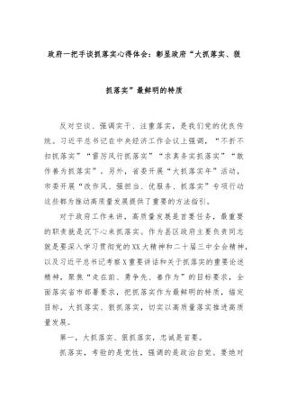 政府一把手谈抓落实心得体会：彰显政府“大抓落实、狠抓落实”最鲜明的特质