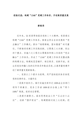 经验交流：构建“1346”党建工作体系，开创高质量发展新格局