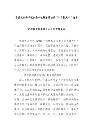 市委政法委书记在全市破解基层治理“小马拉大车”突出问题重点任务推进会上的汇报发言