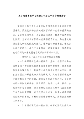 某公司董事长学习党的二十届三中全会精神感悟