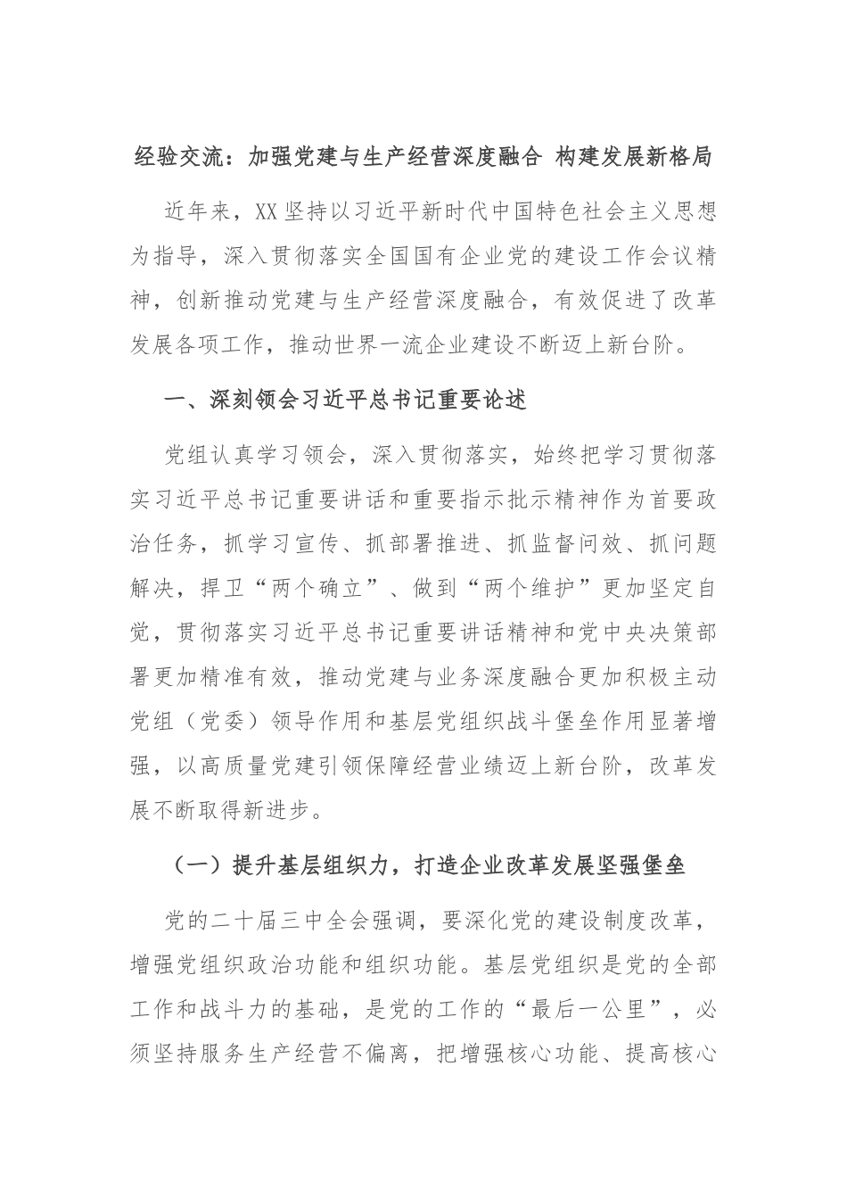 经验交流：加强党建与生产经营深度融合 构建发展新格局_第1页