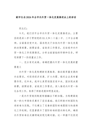 副市长在2024年全市内外贸一体化发展推进会上的讲话