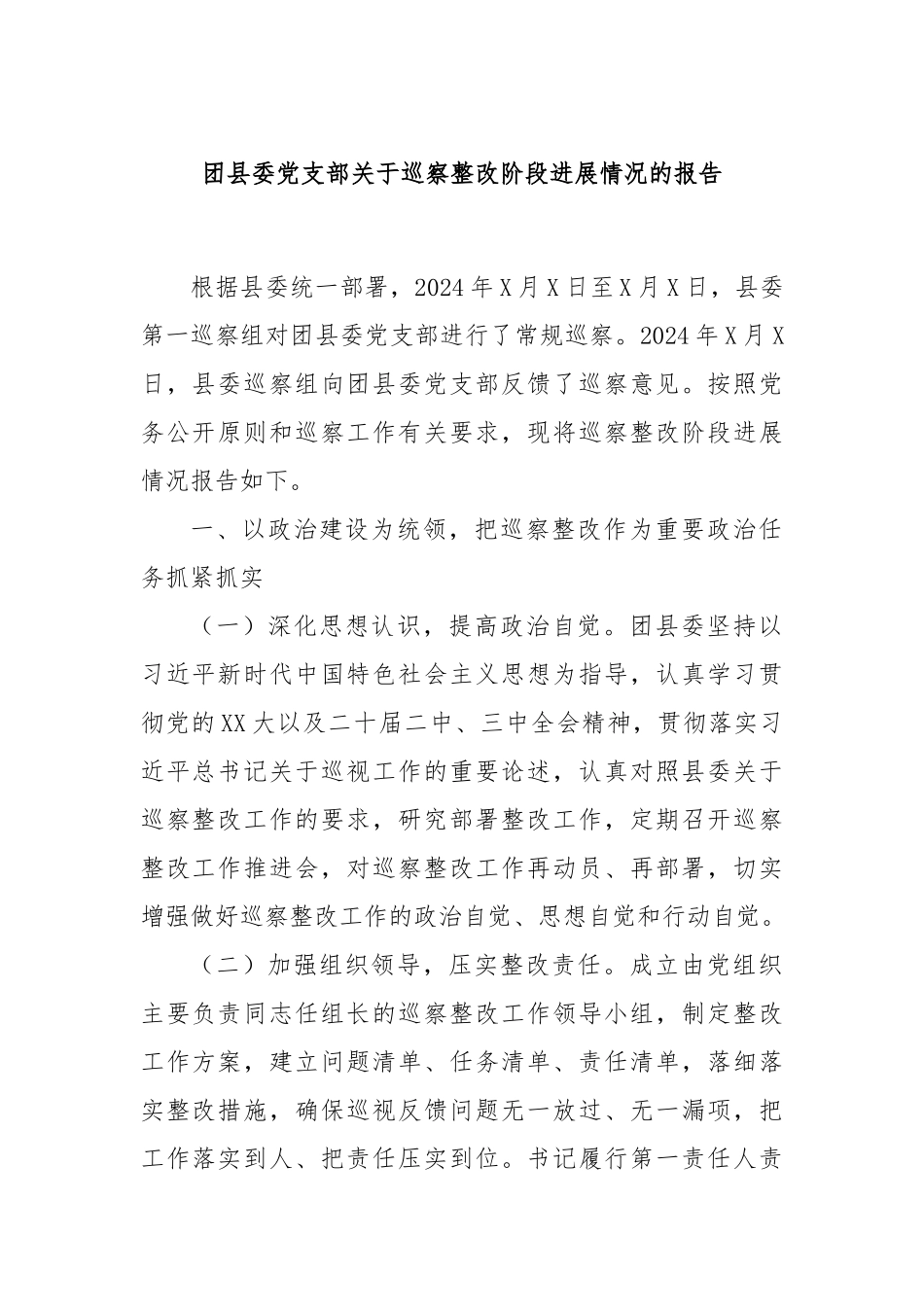 团县委党支部关于巡察整改阶段进展情况的报告_第1页