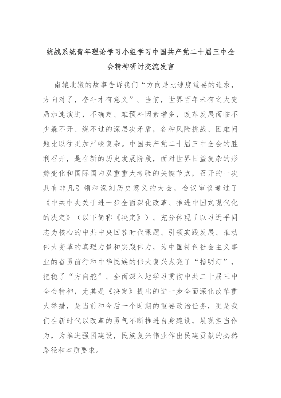 统战系统青年理论学习小组学习中国共产党二十届三中全会精神研讨交流发言_第1页