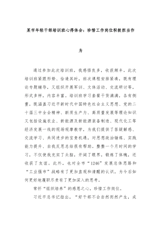 某市年轻干部培训班心得体会：珍惜工作岗位积极担当作为
