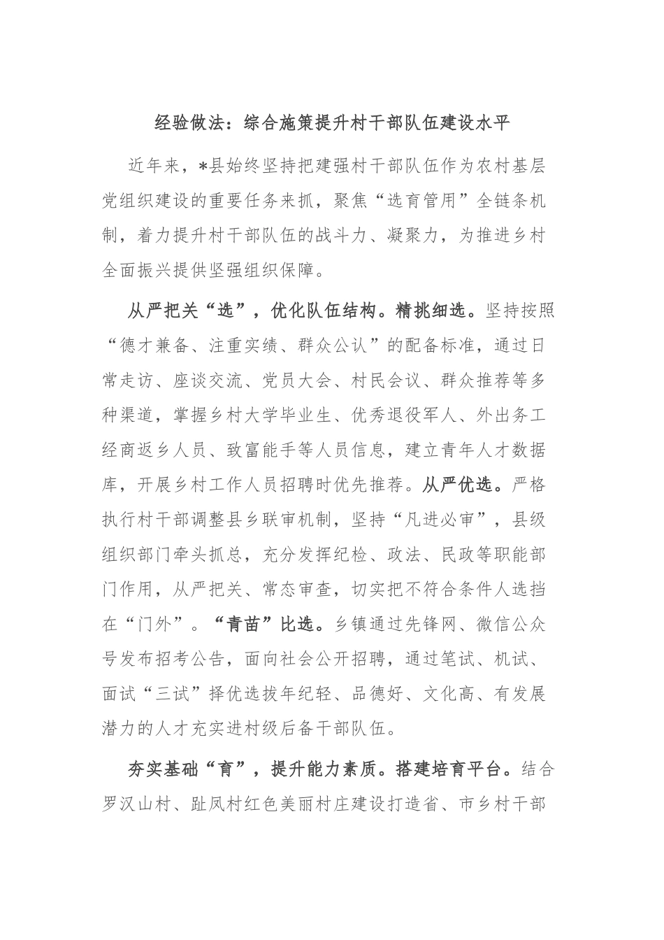 经验做法：综合施策提升村干部队伍建设水平_第1页