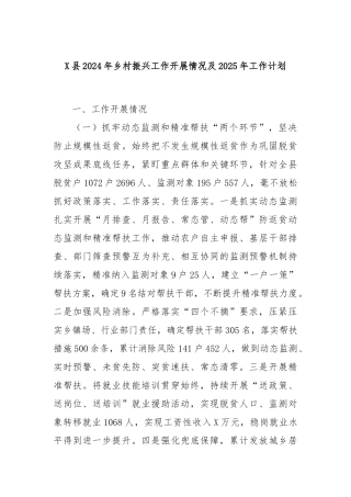 X县2024年乡村振兴工作开展情况及2025年工作计划